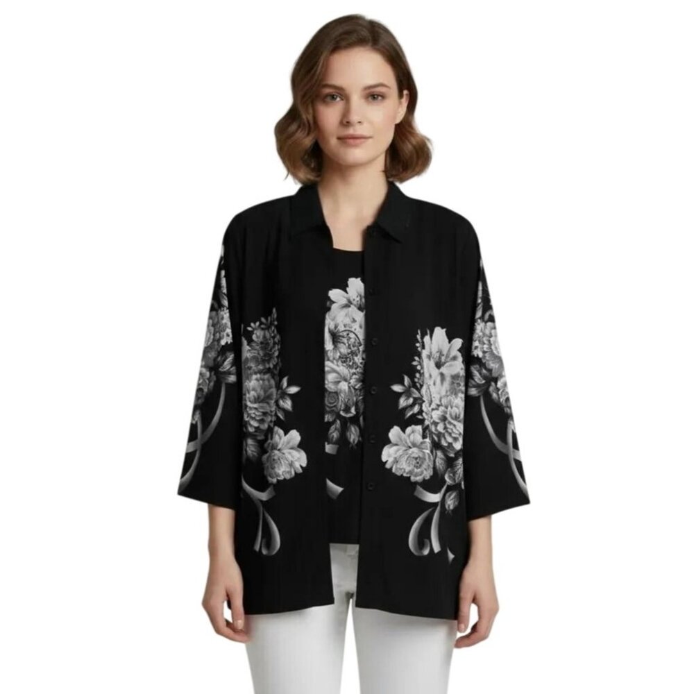 ModeLia Women's Floral Print Kimono W/ Inner Sleeveless Blouse Black Size Medium